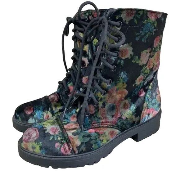 STEVE MADDEN Velvet Floral REX Combat Boots 90s Grunge Punk Alternative SZ 7.5 - Picture 1 of 8